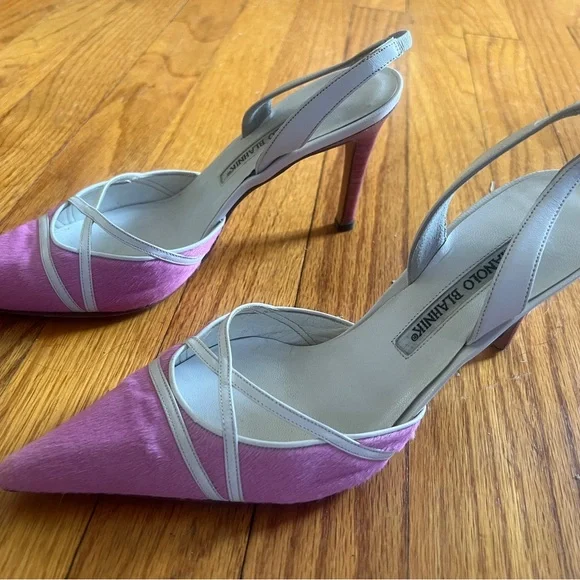 Manolo Blahnik Pink Pony Hair Slingback Heels Size 37 Kitten Heel - Picture 5 of 16